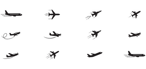 Fototapeta premium Airplane flight icons collection displaying aviation silhouettes for travel tourism transportation logistics air cargo service design.