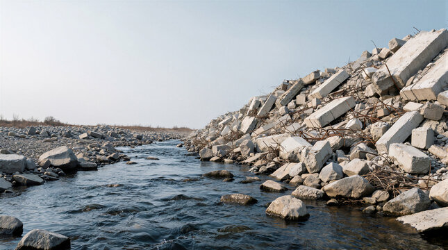 Discarded concrete blocks and twisted rebar litter the steep bank of a shallow rocky river streambed in an open landscape