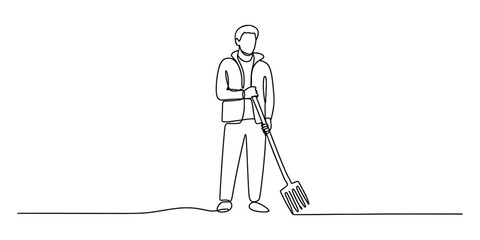 Fototapeta premium Continuous line drawing of a man raking leaves in the garden