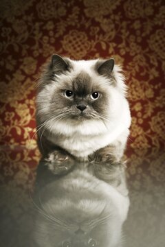 Fluffy long-haired cat sitting on a reflective surface in front of patterned wallpaper with longhair portrait reflection wallpaper whiskers domestic grooming beautiful background lighting