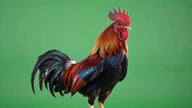 Rooster flapping wings on green screen, colorful farm cockerel