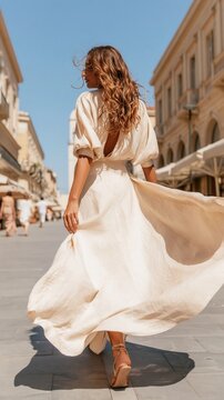 Woman in flowing beige linen dress walking away on sunlit street with wind catching skirt, golden hour lighting and Mediterranean architecture background