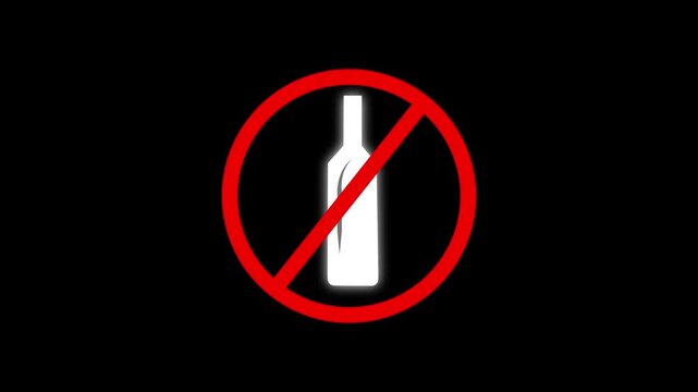 No alcohol sign animation, prohibition symbol for beverage restriction and health awareness warning with alpha channel black background. 4 k video
