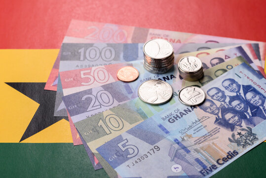 Ghana, Ghanaian paper money, cedi banknotes as currency for exchange or travel. Ghana money