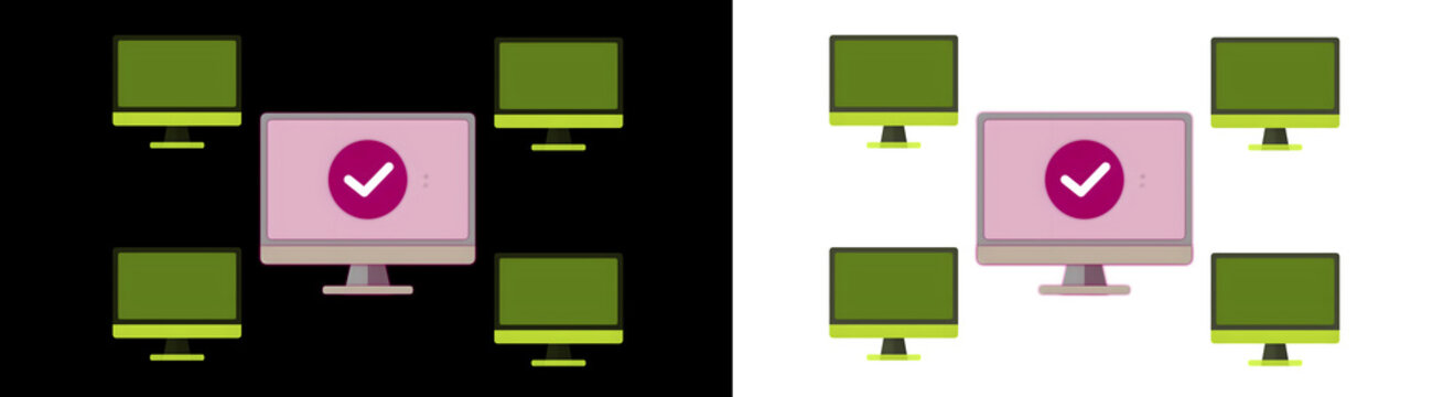 Set of computer monitor icons with check mark symbol representing network synchronization and successful data connection on digital screens