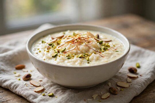 Creamy rice kheer pudding garnished with saffron, pistachios and almonds in a bowl