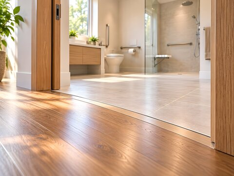 Wide threshold free entrance to modern accessible bathroom