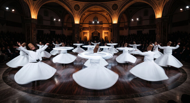 Mevlana Commemoration Week Konya Turkey, Whirling Dervishes in White Robes Performing Sema at Historic Ceremony