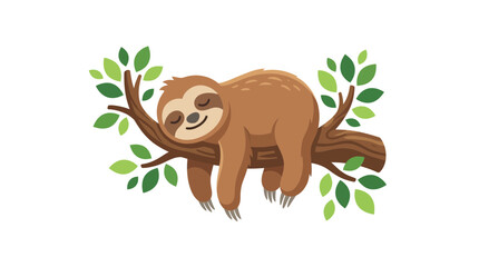 Obraz premium Adorable Cartoon Sloth Sleeping Peacefully on a Tree Branch Illustration