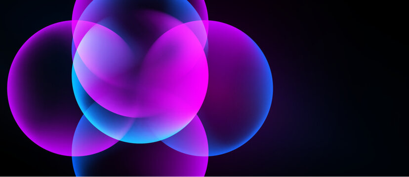 Abstract circles overlap, creating vibrant magenta, cyan hues. Dark background emphasizes glowing shapes, smooth gradients present.