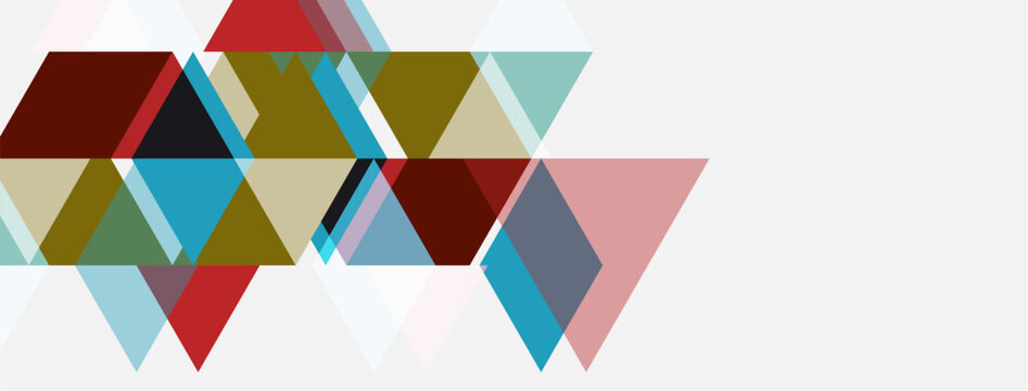 Abstract geometric shapes overlap, creating colorful pattern. Minimalist design with triangles, rectangles, muted tones. Modern aesthetic.