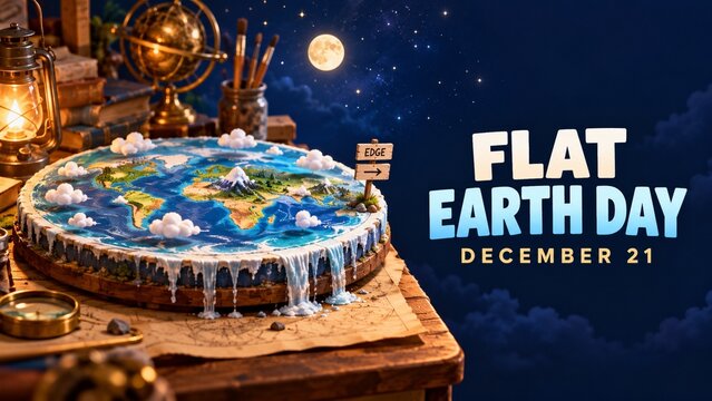 Flat Earth Day December 21 Text Poster with Detailed Flat World Model on Vintage Desk with Compass