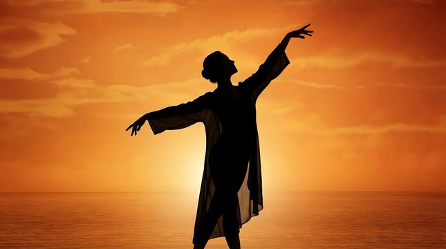 Silhouette woman arms outstretched embracing sunset sky for uplifting celebration or Dramatic silhouette of a woman in long coat embracing open arms at golden hour.