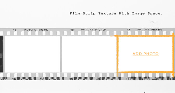 35mm film strip mockup template with white frames and add photo text on light background.