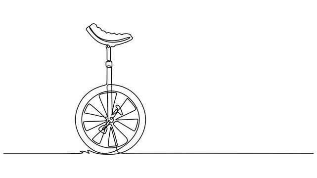 Animated self drawing of continuous line draw classic circus unicycle, showcasing single rolling tire wheel, Single slim wheel frame, central hub crank, ergonomic saddle seat for acrobatic balance.