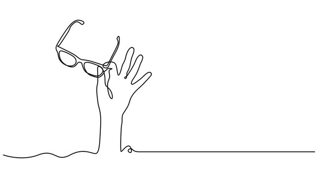 Hand with sunglasses animation continuous one line drawing, Video. Glasses one continuous editable line. Animation on white background 4K. continuous one line vector drawing of hand holding sunglasses