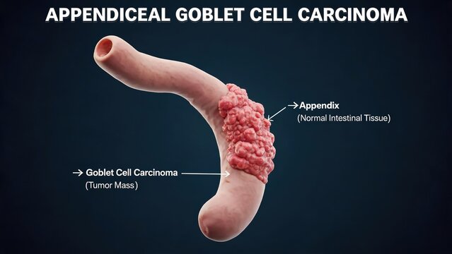 3D medical illustration of appendiceal goblet cell carcinoma, tumor mass growing on appendix, labeled anatomical diagram