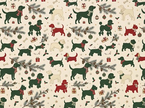 Charming Christmas dog pattern with festive scarves and pine sprigs for holiday apparel.