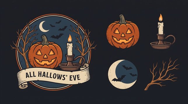 Stylish vintage All Hallows' Eve vector emblem and Halloween design elements