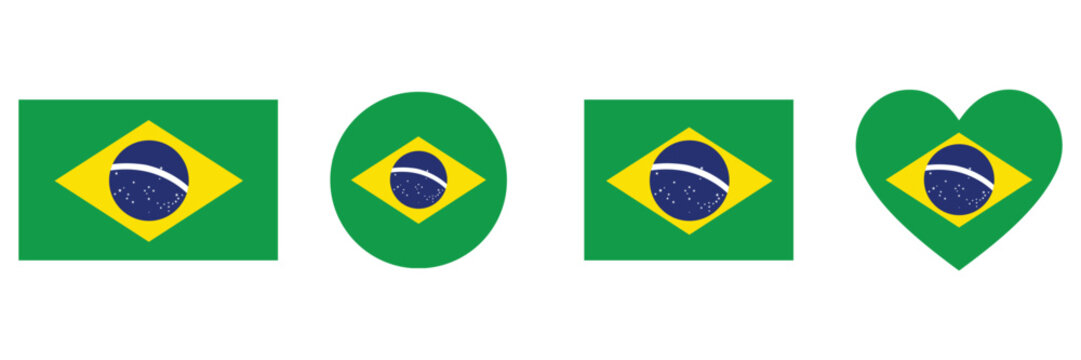 Brazil Flag Icon Collection in Rectangular, Waving, Shield, Hexagonal, Circular and Heart Shapes
 Vector Set