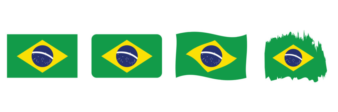 Brazil Flag Icon Collection in Rectangular, Waving, Shield, Hexagonal, Circular and Heart Shapes
 Vector Set