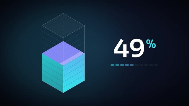 Cyan and Purple Isometric 3D Column Filling to 50 Percent, Layered Block Chart Infographic for Business Growth and Data Presentations. Seamless Loop