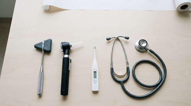 Essential diagnostic medical devices including reflex hammer otoscope digital thermometer and stethoscope arranged on wooden table for consultations.