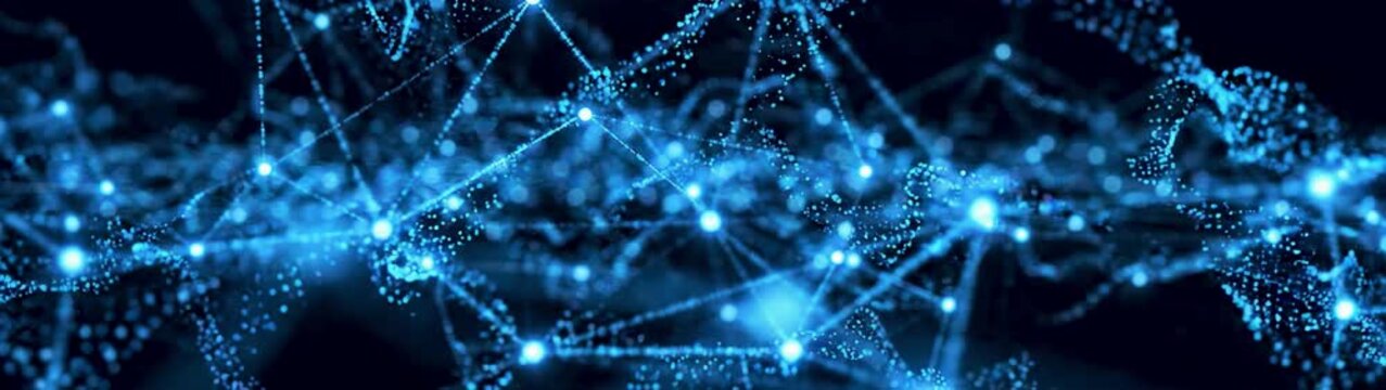 Digital network connectivity and data transmission concept glowing blue nodes and lines forming a complex communication web in cyberspace background.