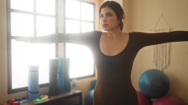 Woman with arms outstretched practicing yoga beside exercise balls, mats and macrame wall hanging near window in studio; mindful focus serenity.