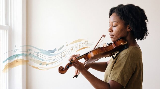Young african american woman playing violin near bright window at home. Female violinist practicing classical melody with graphic musical notes flowing in room.