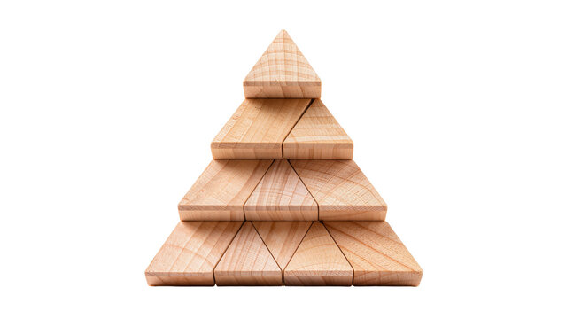 Wooden blocks pyramid stacked as a triangle cutout on transparent background
