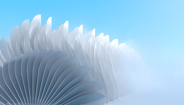 Abstract background featuring a series of white curved blades arranged in a repeating pattern against a soft light blue sky