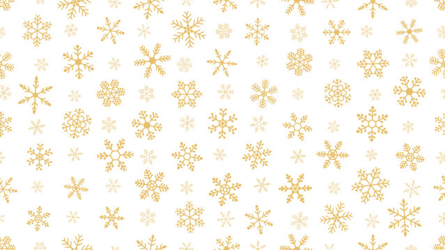 Seamless pattern of gold snowflakes in multiple sizes scattered across a white background. Vector illustration
