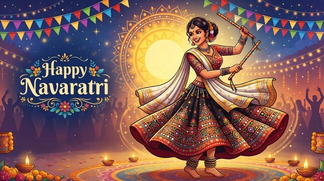 Happy Navratri Garba Dancer Illustration With Colorful Festive Decoration