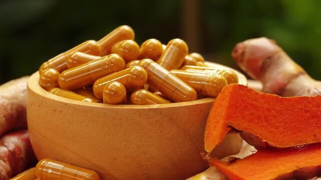 Herbal capsules containing turmeric powder in a wooden bowl.