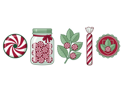 Illustrated peppermint candies in a jar with mint plant and festive decorations.