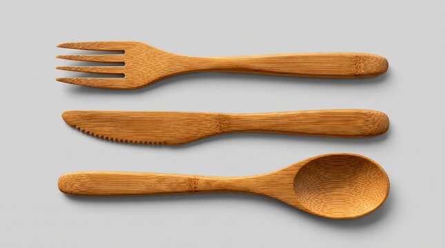 Set of three eco-friendly wooden cutlery items including a fork, knife, and spoon, neatly arranged on a light grey background.