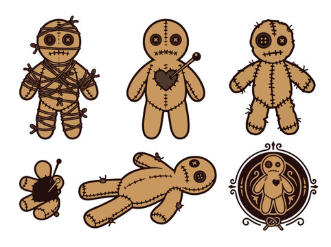 Set of stitched voodoo dolls and ritual charms illustration.