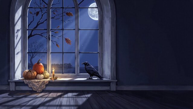 Gothic window at night with full moon, spooky raven and pumpkins on windowsill, atmospheric dark room with moonlight and candle