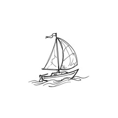 Simple line art drawing of small sailboat floating on wavy water for nautical and travel adventure themed design graphics or coastal lifestyle marketing media. © Saadii