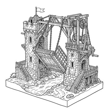 Medieval castle drawbridge gatehouse with complex wooden lifting mechanism and stone towers over river for fantasy tabletop game map or historical architecture.