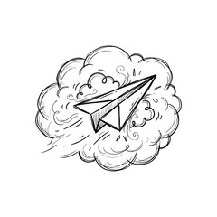 Paper plane flying in doodle style sketch with motion lines and clouds for creative brainstorming concepts and digital communication themes design project assets. © Saadii