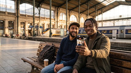 Obraz premium Two men filming selfie video at train station