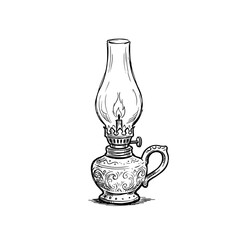 Vintage oil lamp illustration in detailed sketch style depicts classic kerosene lantern for historical lighting and traditional cozy home decor concepts. © Saadii