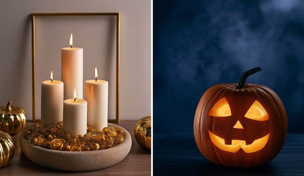 this split screen image combines elegant fall decor with a spooky halloween motif.