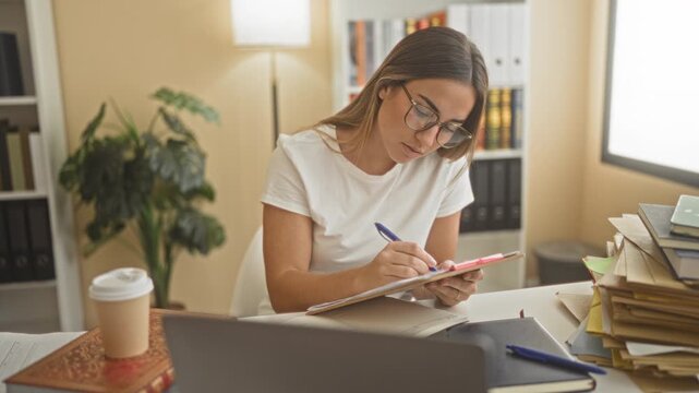Woman removing glasses and rubbing eyes at cluttered study desk with laptop, notebooks, pen, coffee and stacks of folders in building; fatigue.