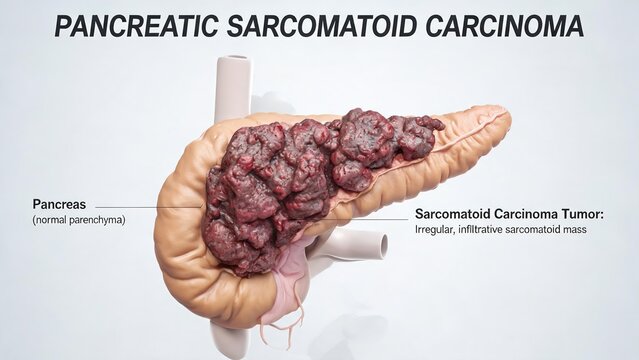 3D medical illustration of pancreatic sarcomatoid carcinoma, infiltrative tumor mass on pancreas with normal parenchyma labeled