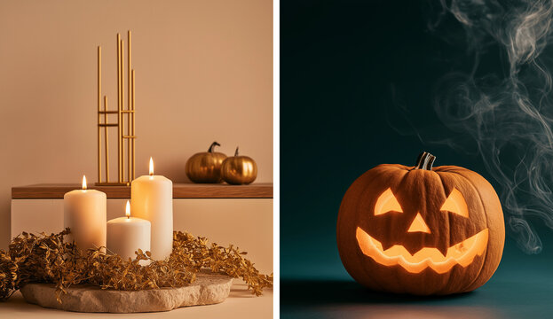 this split screen image combines elegant fall decor with a spooky halloween motif.