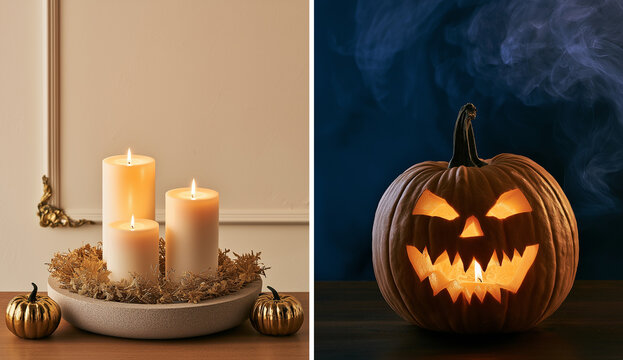 this split screen image combines elegant fall decor with a spooky halloween motif.