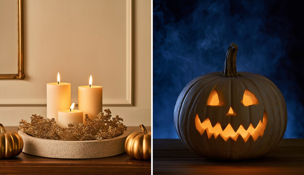 this split screen image combines elegant fall decor with a spooky halloween motif.